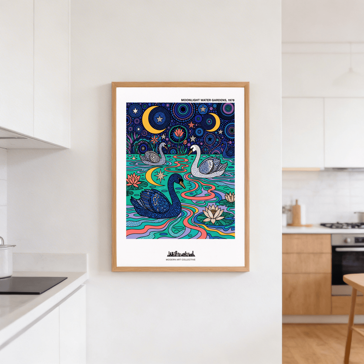 Lotus flower and swan poster with layered shapes and repeating dots
