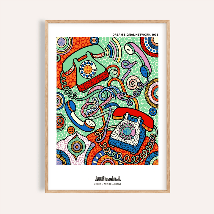 Colorful telephone wall art poster with rotary phones and swirling cords