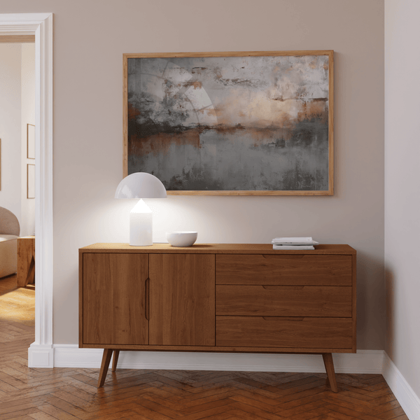 Abstract Gray Art Print with gray, brown shades in bedroom setting poster