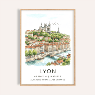 Lyon City Art Print hanging above sofa showing watercolor skyline