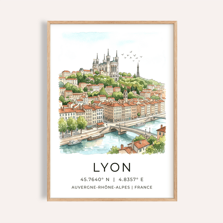 Lyon City Art Print hanging above sofa showing watercolor skyline