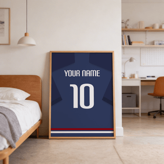 Flat lay of France Football Shirt Poster print beside football accessories