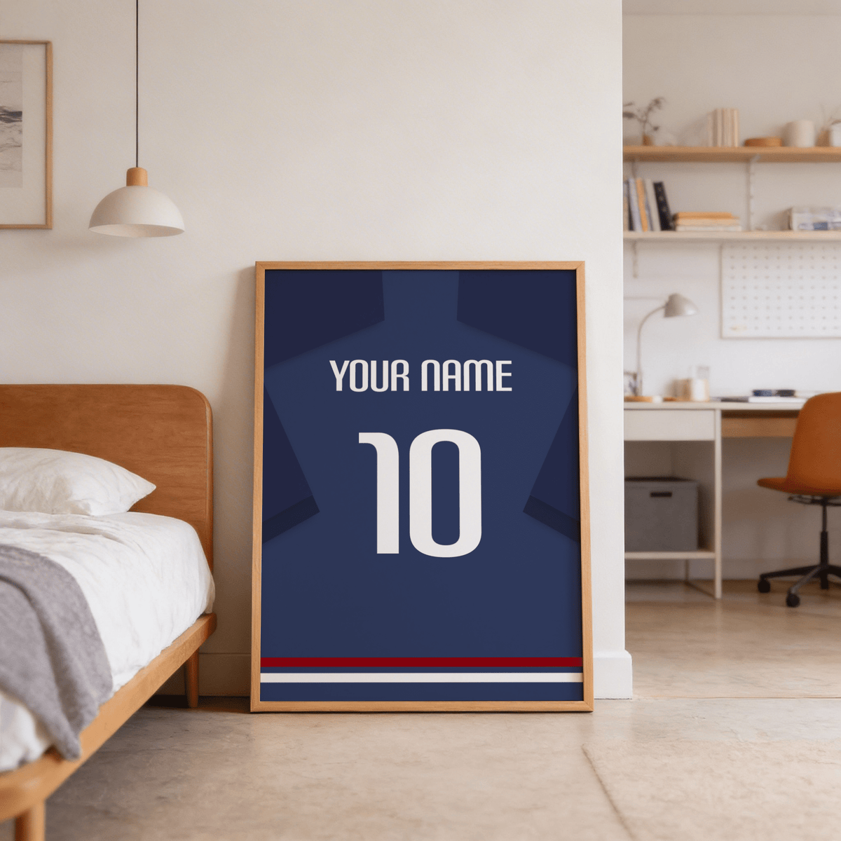 Flat lay of France Football Shirt Poster print beside football accessories