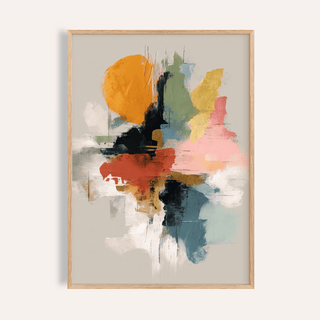 Framed colorful abstract art print with bold brushstrokes in orange, pink, and blue