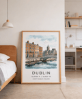 Architectural Dublin print featuring cathedral spires, bridge railings, and boats