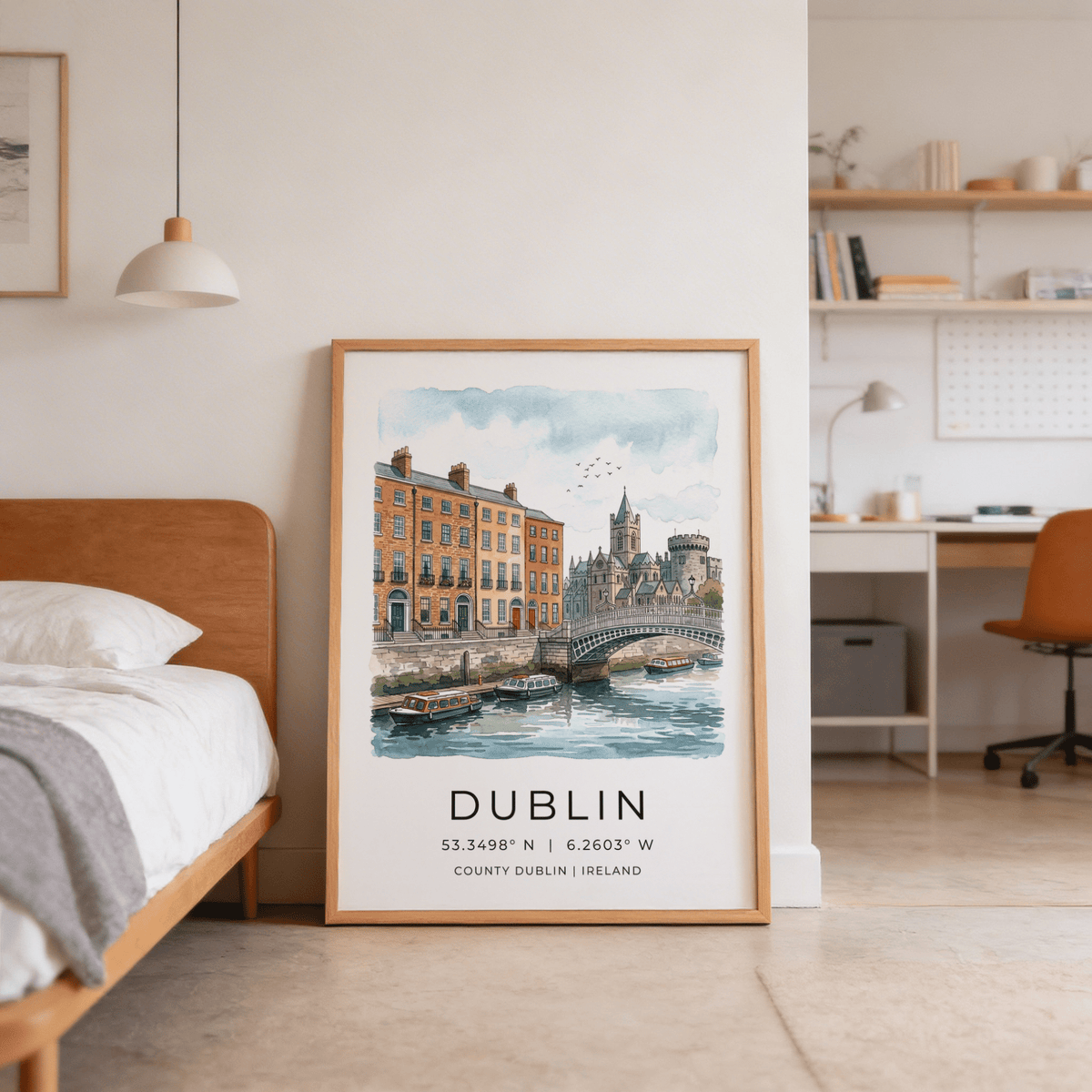 Architectural Dublin print featuring cathedral spires, bridge railings, and boats