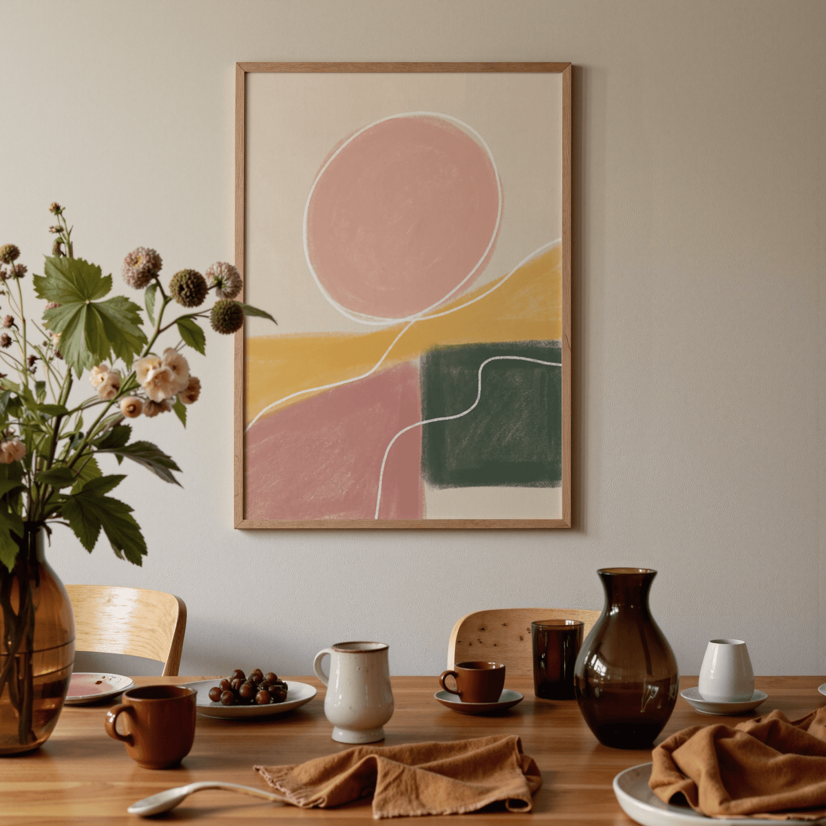 Graphic geometric print showing pink, green, yellow layered blocks