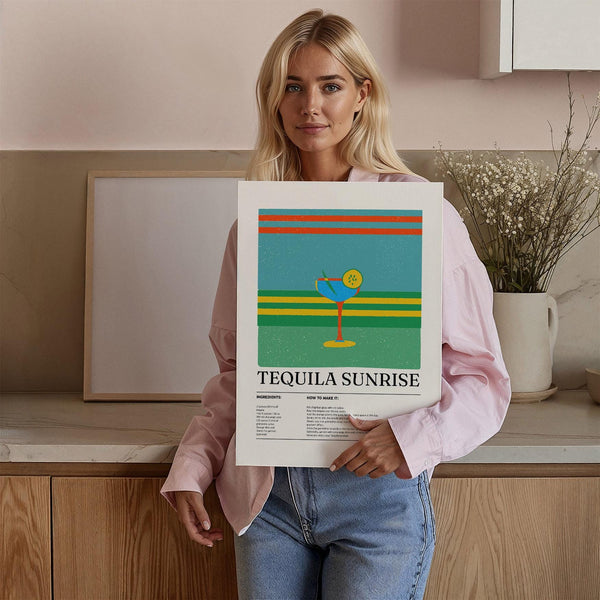 Cocktail print of Tequila Sunrise used as tequila wall art for bars or kitchens.