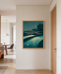 Tranquil Rice Field Poster landscape print with terraced paddies and floating light dots