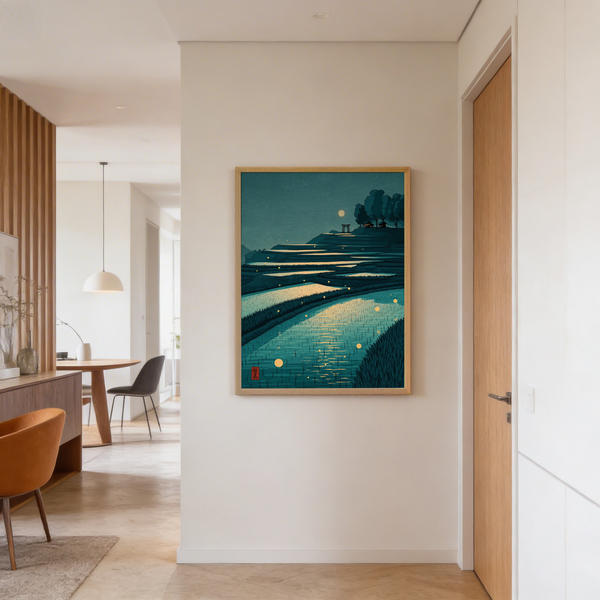 Tranquil Rice Field Poster landscape print with terraced paddies and floating light dots