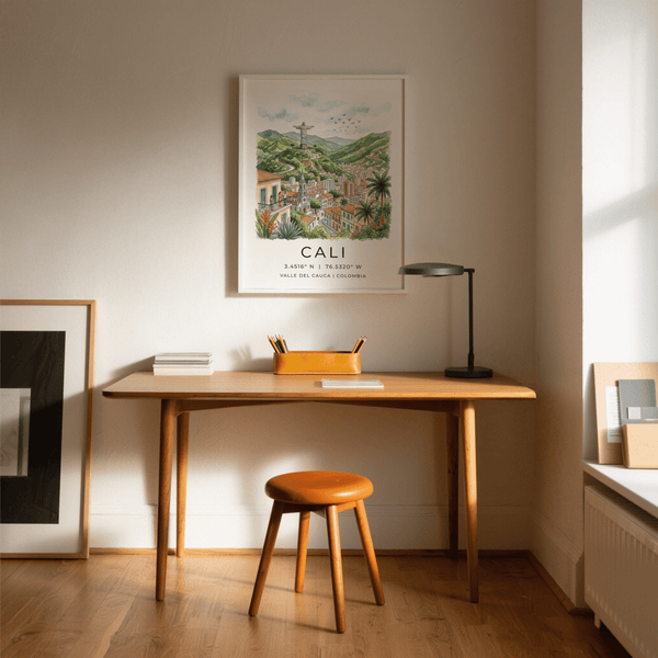 Cityscape art print showing Cali valley buildings, winding roads, and palm trees