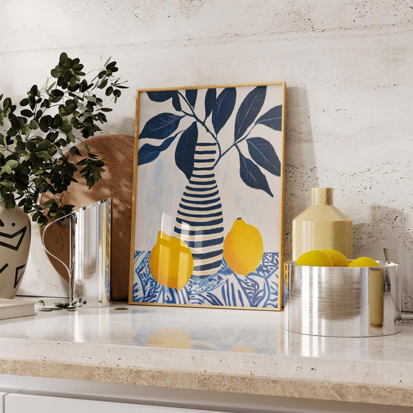 Still life of lemons and dark blue botanical elements in a lemon art composition.