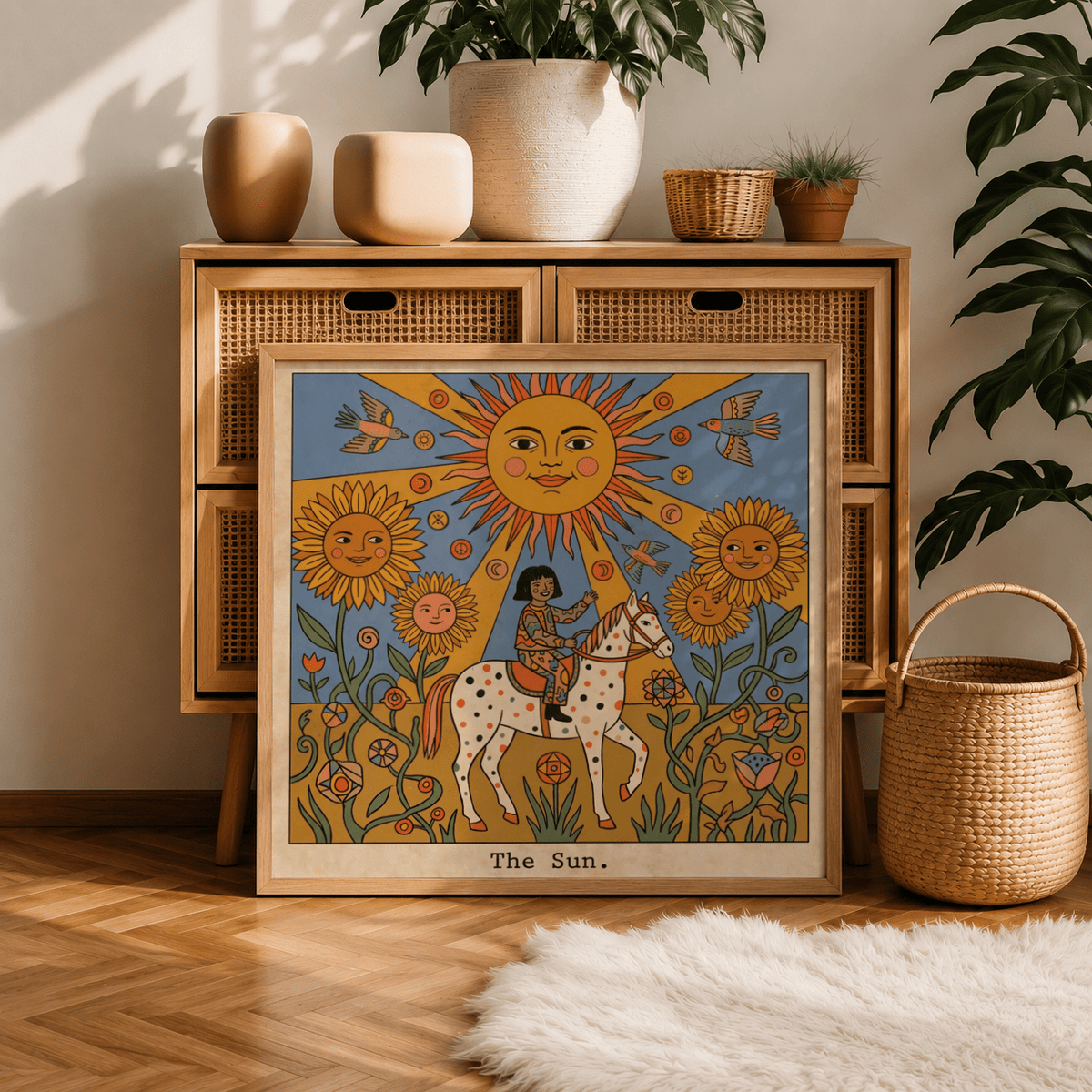 Decorative tarot-inspired wall art poster with central sun, rider figure, and floral border elements