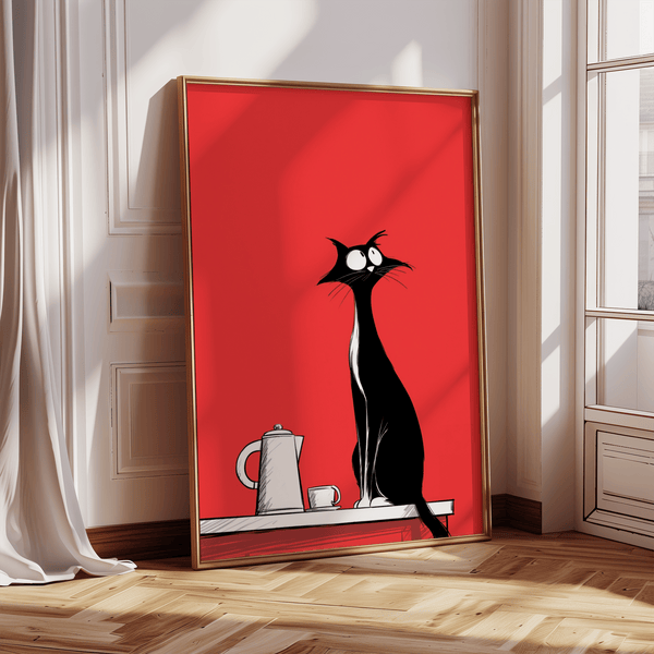 Whimsical Cat Wall Art for cat lovers, black red white tones, art print style