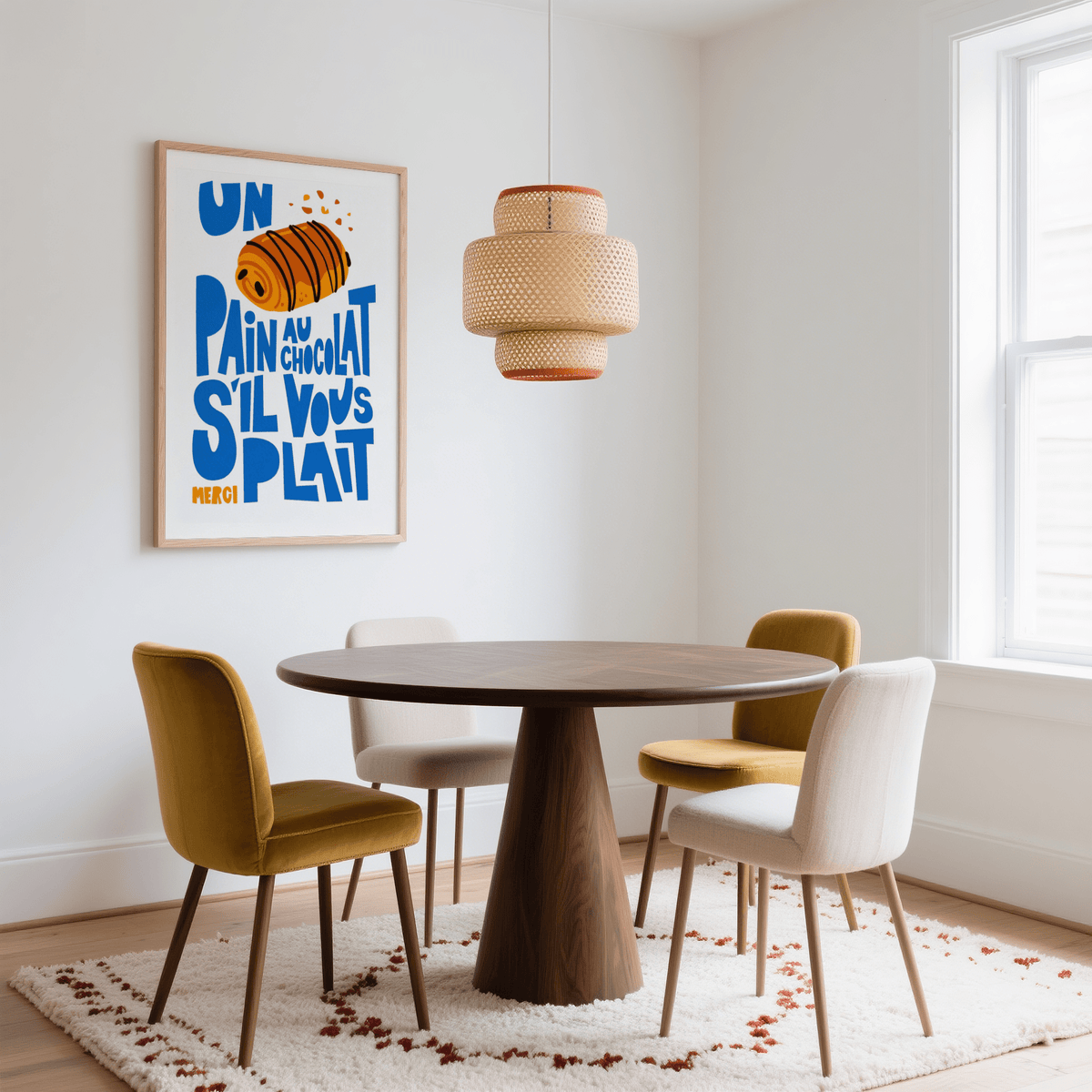 Pain Au Chocolat Print for modern kitchen, Blue text, Brown pastry, art print