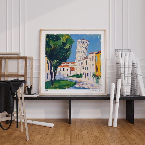 Vivid colors highlight the Leaning Tower of Pisa with nearby homes and trees.
