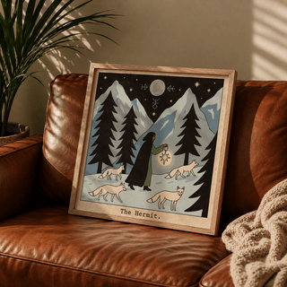Snowy forest tarot poster with tall evergreens and foxes in a Blue, Black, White palette