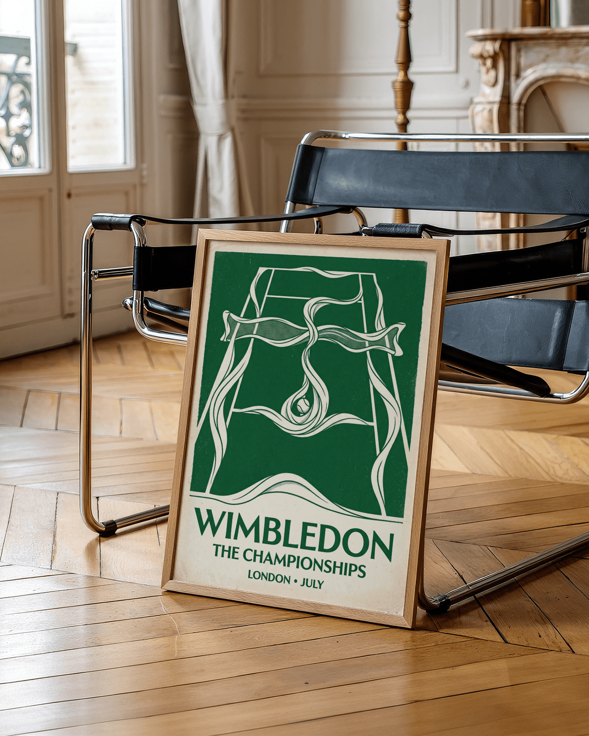 Close-up of tennis court diagram and swirling ribbon graphic on wall art print