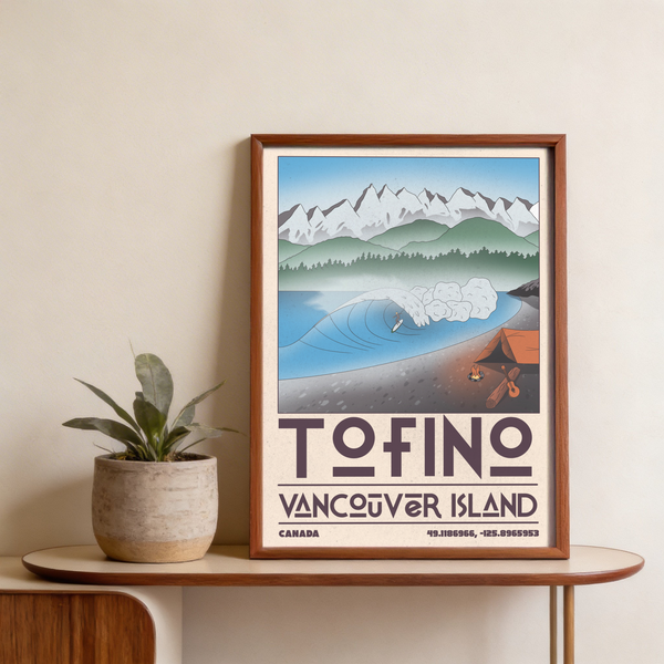 Tofino Landscape Art Print focus on bold TOFINO typography and coordinates