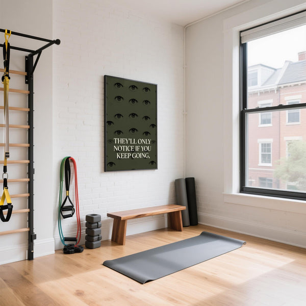Gym artwork wall print with repetition of eye illustrations and a motivational quote