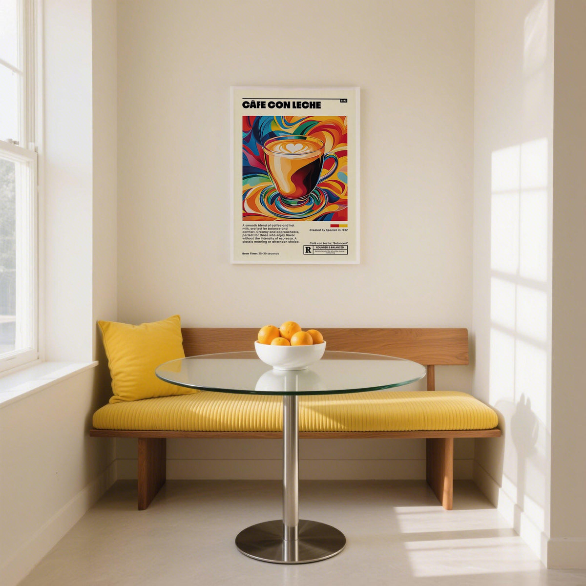 Retro kitchen art print with cafe con leche as the central theme.