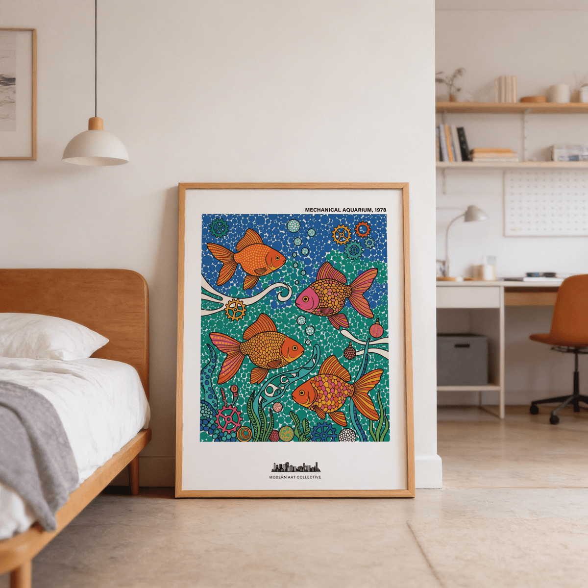 Presenting multicolored fish poster with patterned fins, dotted water texture, and floating bubbles