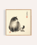 Sumi-e Cat Print in Brown, Gray, and White for bedroom wall art