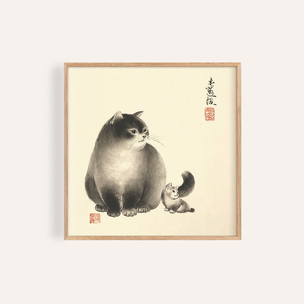 Sumi-e Cat Print in Brown, Gray, and White for bedroom wall art