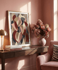 Painterly abstract shapes print with red and beige accents