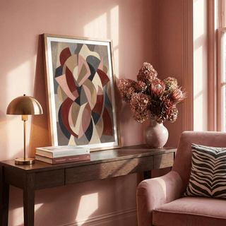 Painterly abstract shapes print with red and beige accents