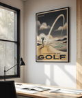 Graphic wall art print of a tee-shot golfer with layered clouds and distant hills