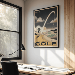 Graphic wall art print of a tee-shot golfer with layered clouds and distant hills