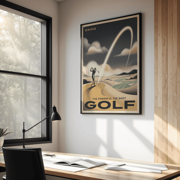 Graphic wall art print of a tee-shot golfer with layered clouds and distant hills