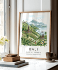 Close-up of BALI typography and coordinate line on travel poster