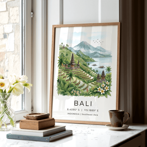 Close-up of BALI typography and coordinate line on travel poster