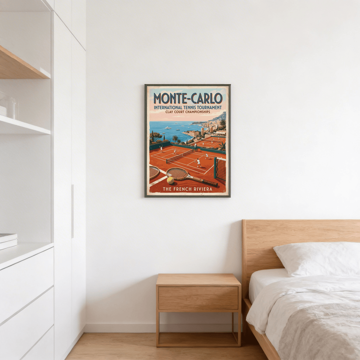 Travel poster style tennis art featuring hillside architecture and sailboats