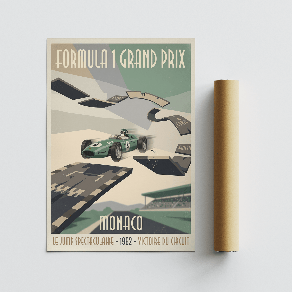 Monaco Grand Prix-style wall art poster with central car motif and sweeping circuit
