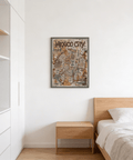 Illustrating Mexico City district map poster print with icons, typography, and textured background wall art