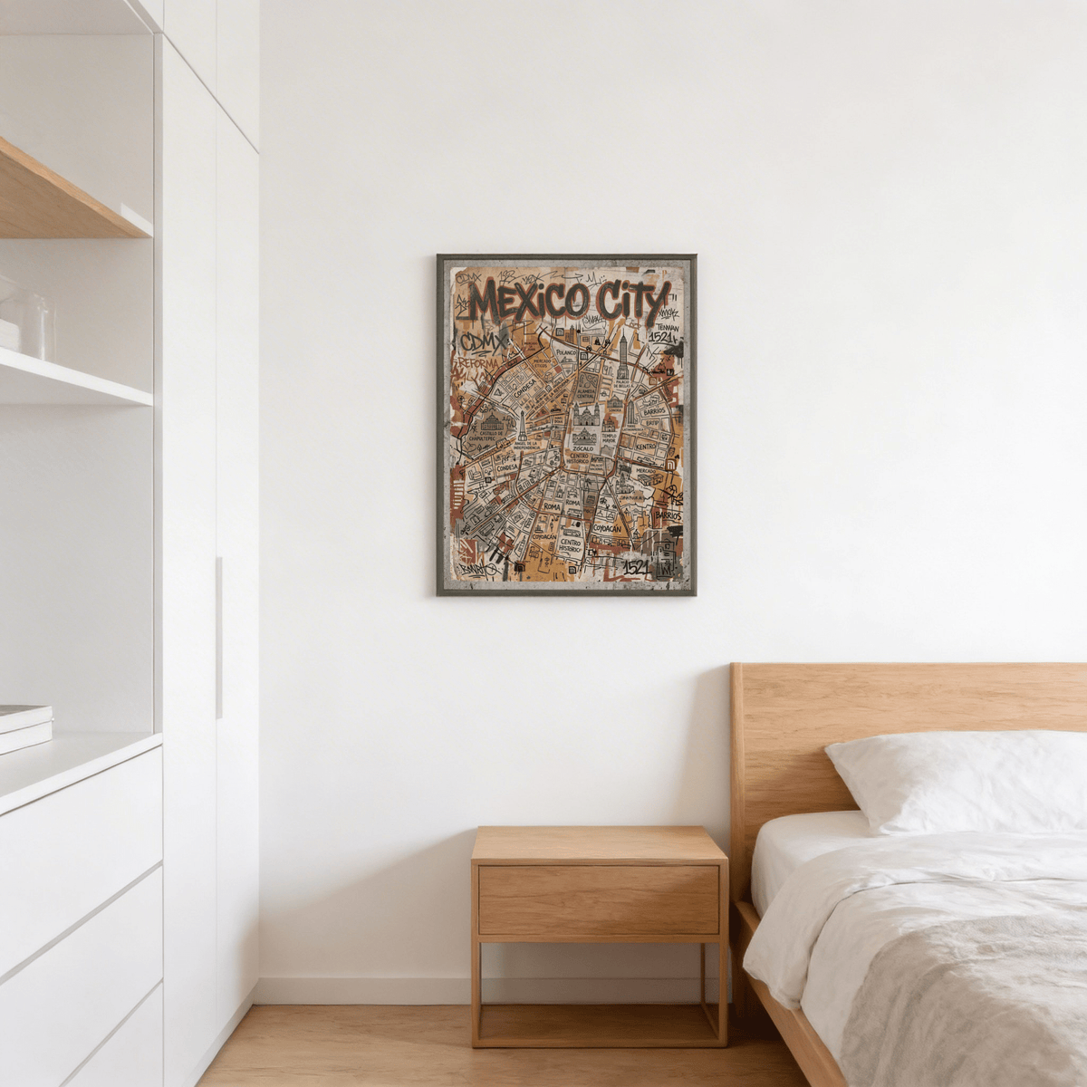Illustrating Mexico City district map poster print with icons, typography, and textured background wall art