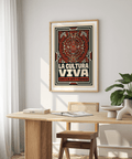 Red and black poster print showing Aztec calendar-inspired design with block lettering