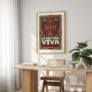 Red and black poster print showing Aztec calendar-inspired design with block lettering