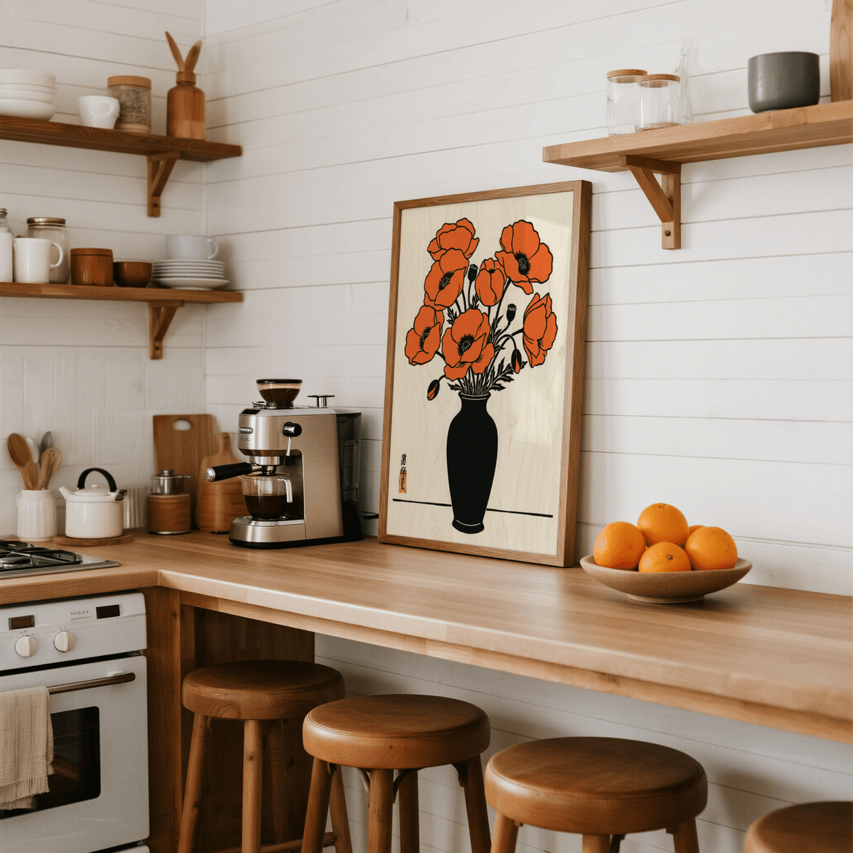 Floral Wall Art Poster with orange poppies, beige background, black vase for bedroom decor