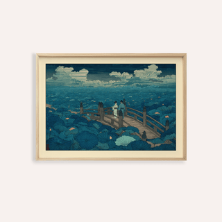 Hasui Kawase Japanese woodblock bridge over lotus pond poster