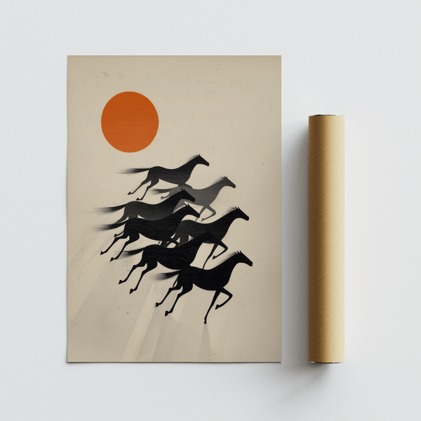 Modern animal wall print with seven layered horses and open negative space