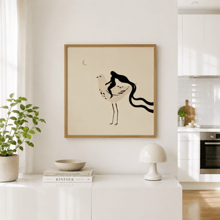Whimsical Bird Art Print in Beige and Black with bird and rider silhouette