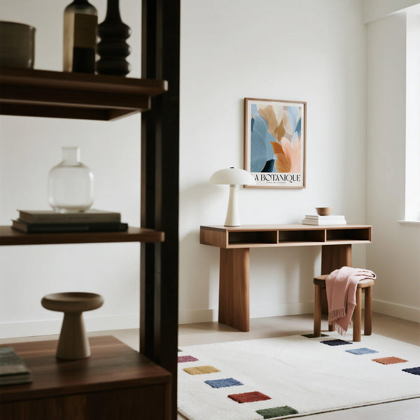 Blue pink wall art with overlapping leaf design