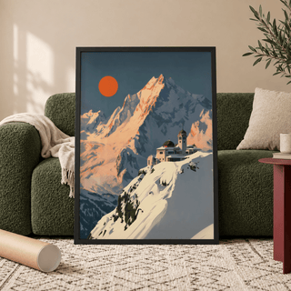 Framing a dramatic alpine summit and open sky, vintage-style mountain poster print