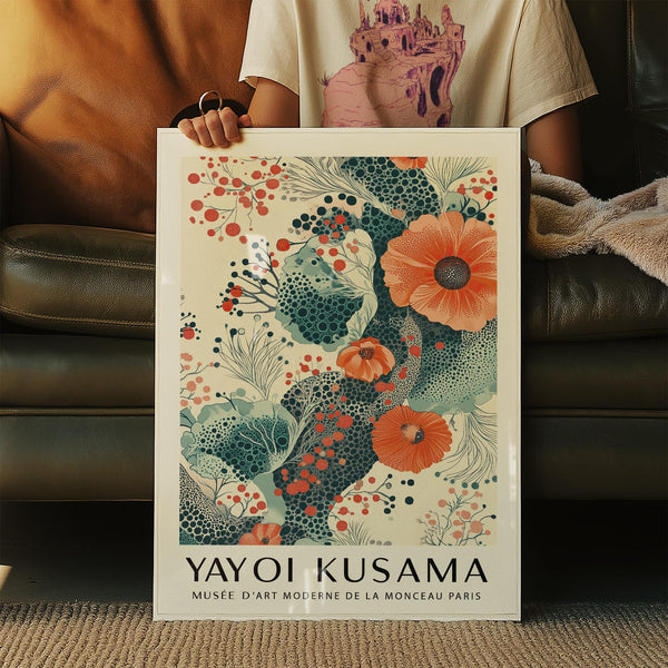 Orange and teal wall art with circular textures and abstract floral composition