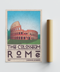 Travel-themed Colosseum poster print with central landmark illustration and wide sky