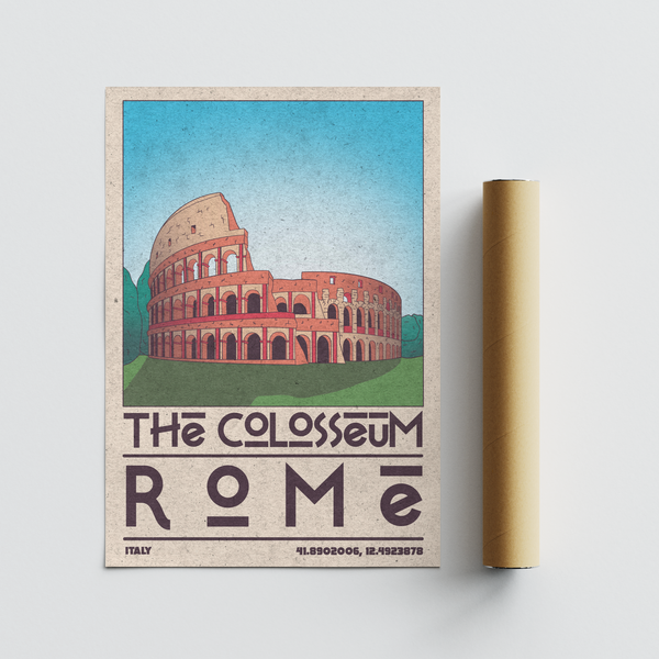 Travel-themed Colosseum poster print with central landmark illustration and wide sky